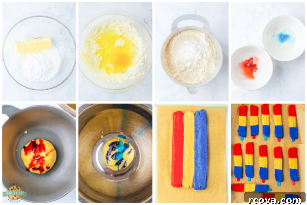 Firecracker Cookie Delights 5 Step by step ingredients for making Bomb Pop Cookies.