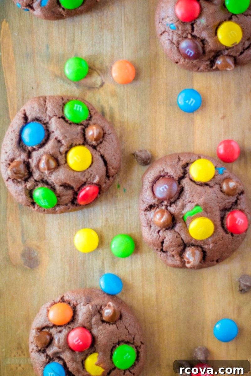 Ultimate Triple Chocolate M&M Cookies 6 Chocolate M&M cookie dough on a baking sheet