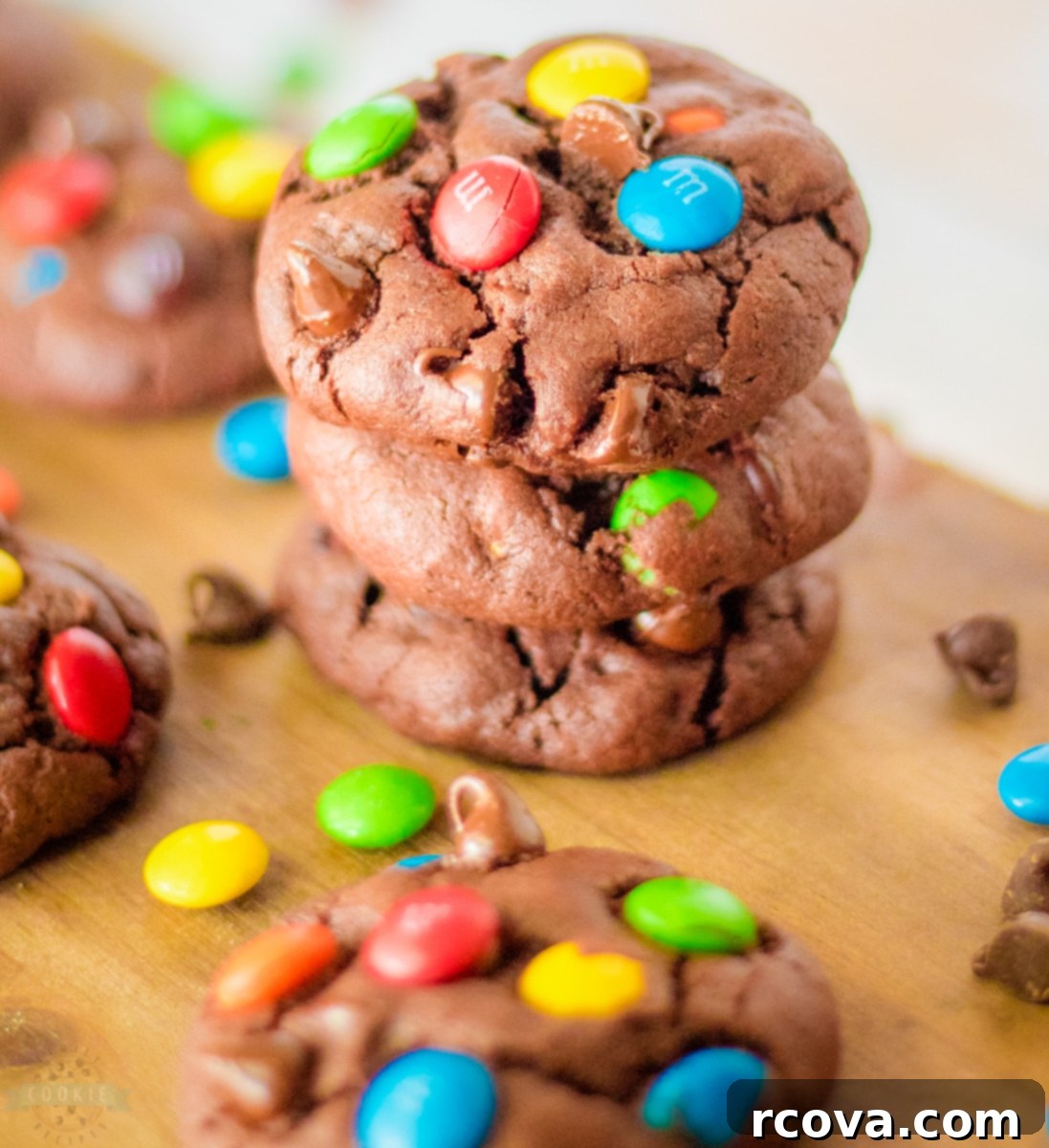 Ultimate Triple Chocolate M&M Cookies 7 Cooling rack with freshly baked Triple Chocolate M&M Cookies