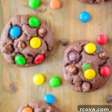 Ultimate Triple Chocolate M&M Cookies 8 Close-up of a soft and chewy Triple Chocolate M&M Cookie