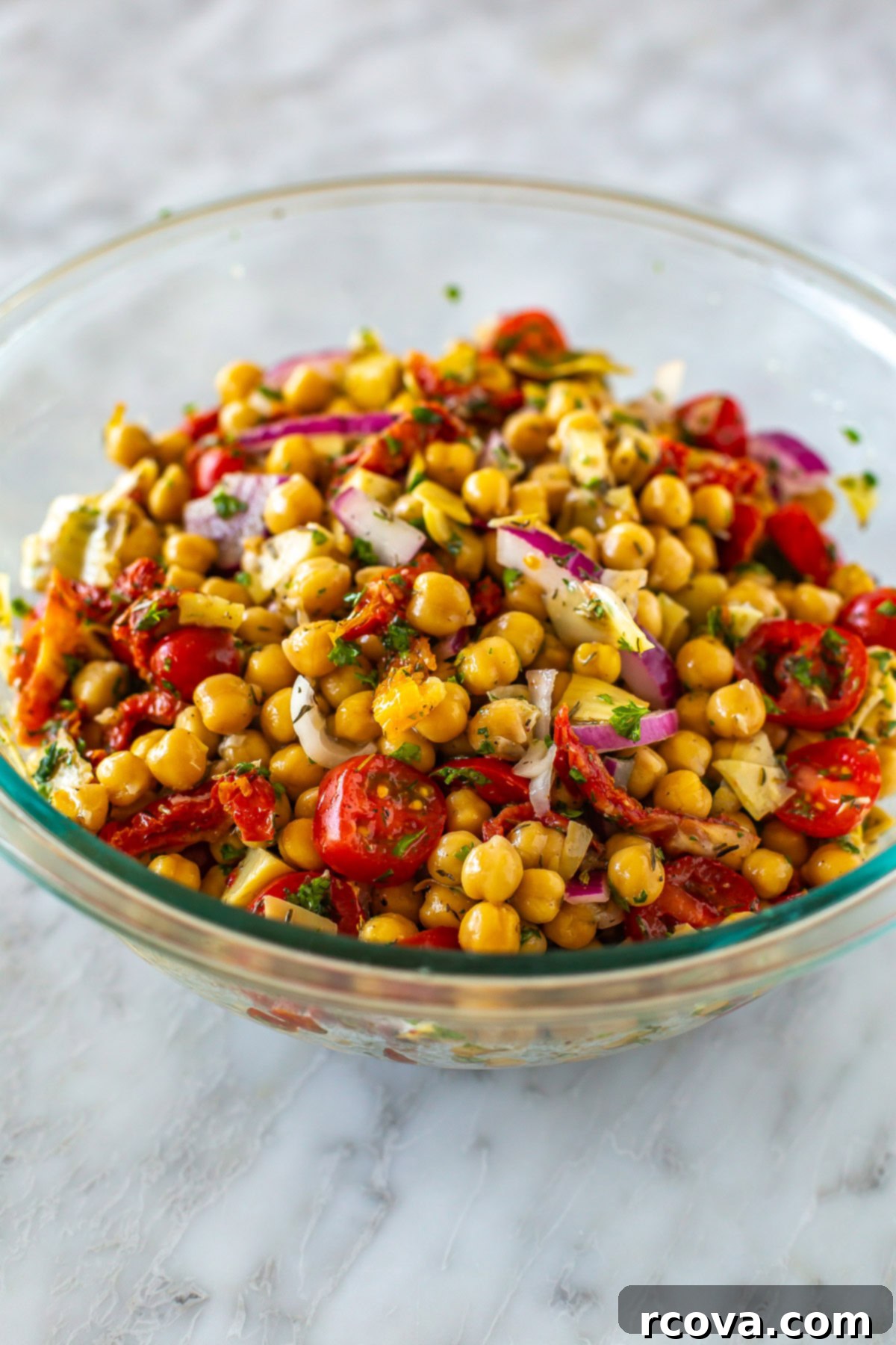 Prep-Ahead & Relax: Easy Camping Meals for Your Vacation 10 A big bowl of Mediterranean chickpea salad.