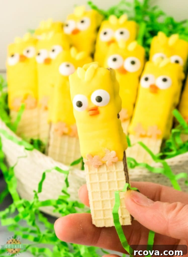 Effortless No-Bake Cookie Delights 17 Holding up an adorable No-Bake Easter Chick Cookie.