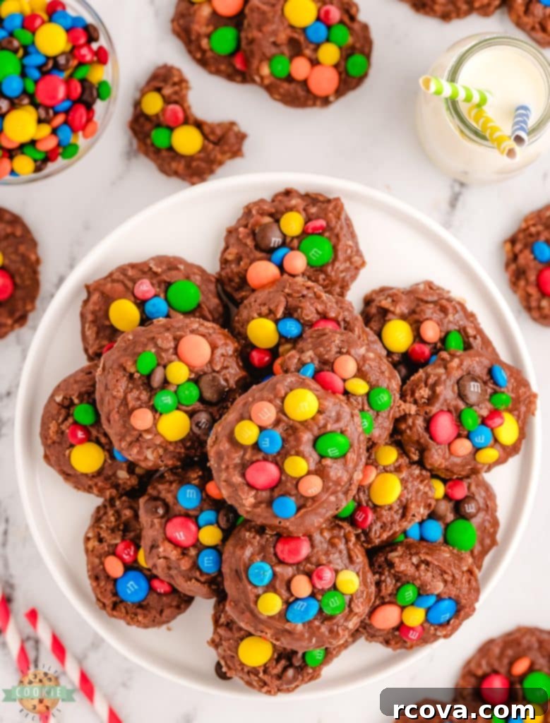 Effortless No-Bake Cookie Delights 18 Plateful of No-Bake M&M Cookies, loaded with chocolate, oats, and coconut.