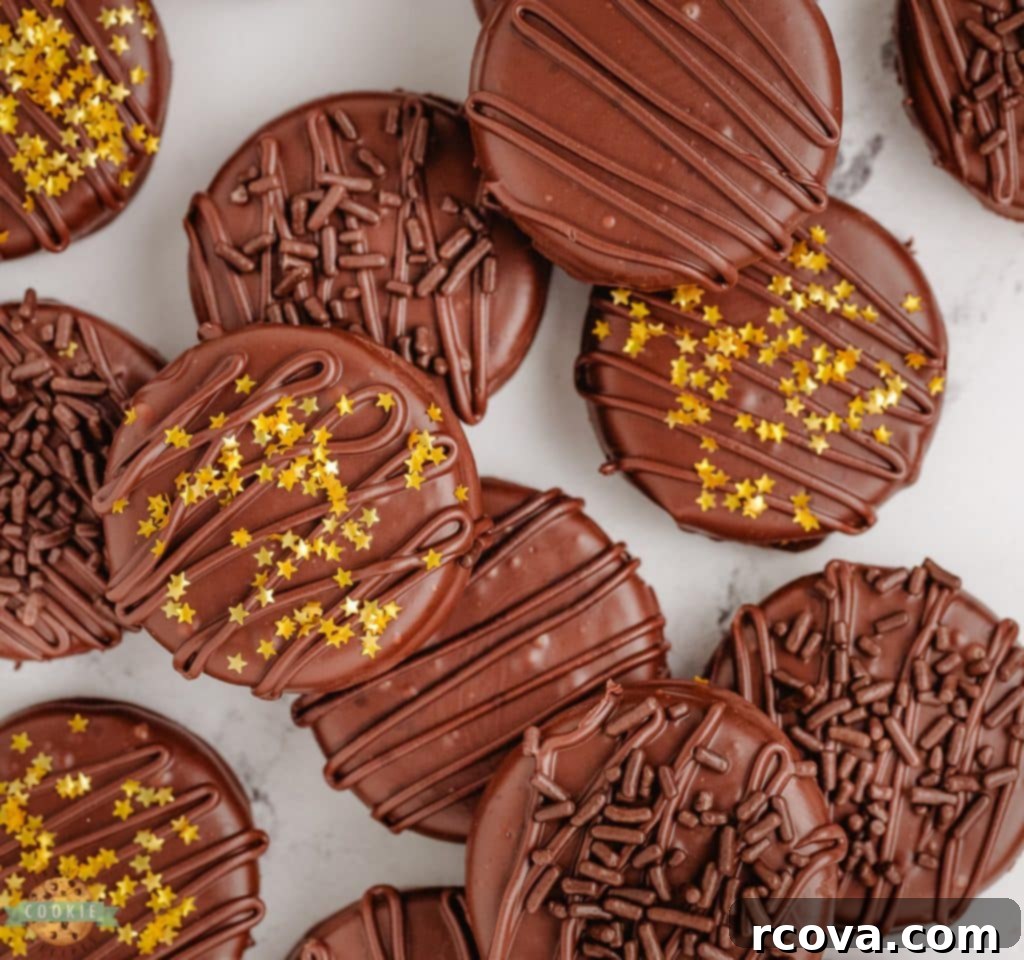 Effortless No-Bake Cookie Delights 21 Chocolate Dipped Oreos with chocolate sprinkles, an easy decadent treat.