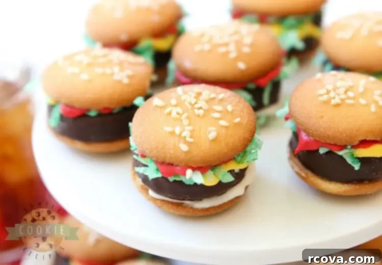 Effortless No-Bake Cookie Delights 40 Mini Hamburger Cookies made from Nilla Wafers, York Peppermint Patties, and melted candy – a super cute no-bake treat kids will love!