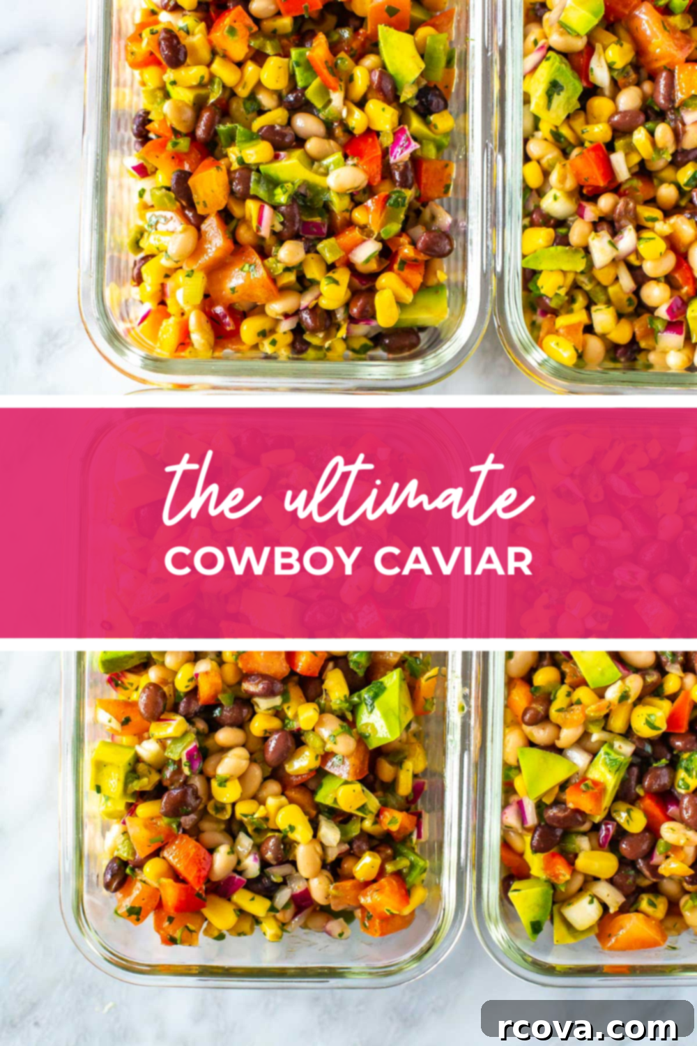 The Only Cowboy Caviar Recipe You'll Ever Need 10 Overhead shot of plated dish with pink banner in the middle - reading "the ultimate cowboy caviar"