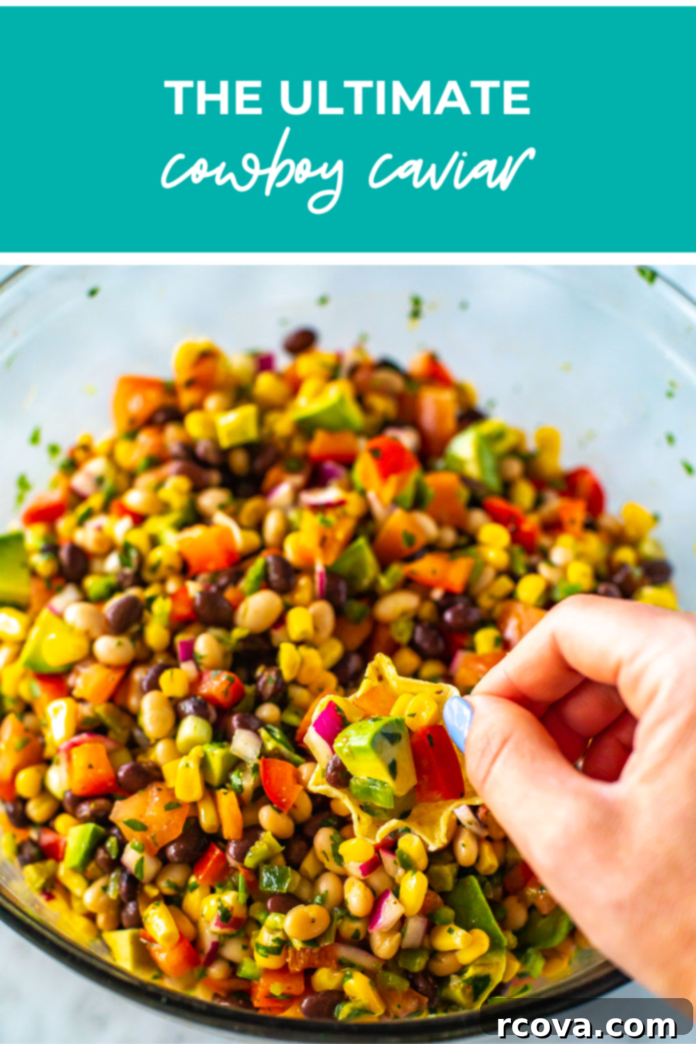 The Only Cowboy Caviar Recipe You'll Ever Need 11 Overhead shot of plated dish with green banner on the top - reading "the ultimate cowboy caviar"
