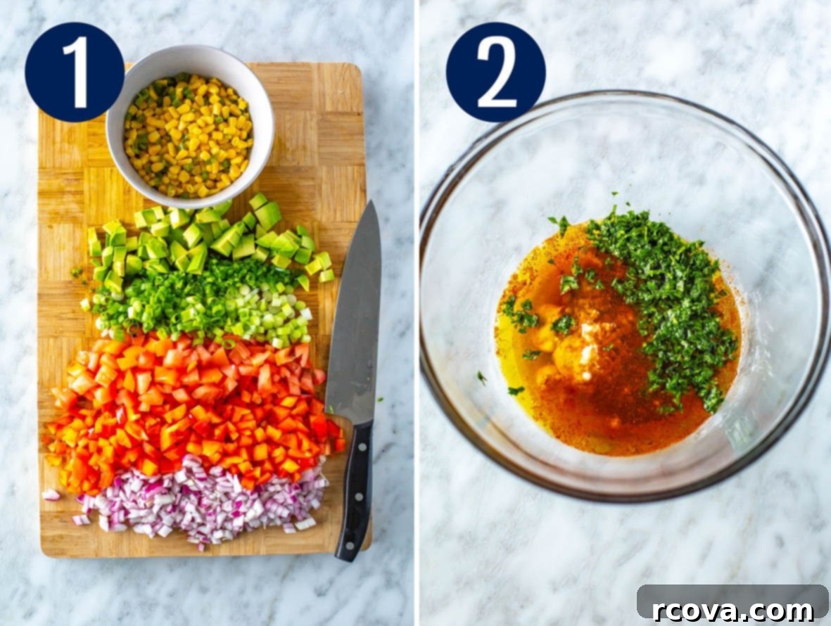 The Only Cowboy Caviar Recipe You'll Ever Need 5 Steps 1 and 2 for making cowboy caviar: Prep ingredients by chopping them, then whisk together the dressing ingredients in a bowl.