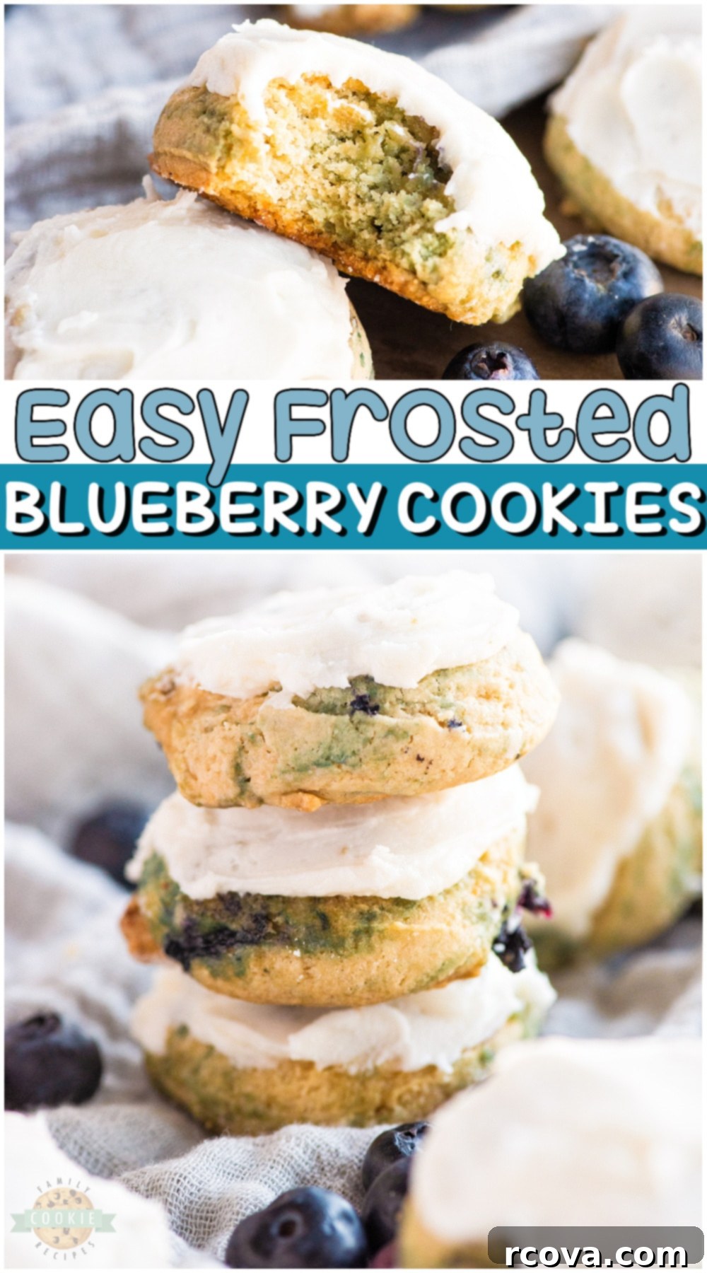 Iced Blueberry Delights 15 Pinterest pin graphic for Frosted Blueberry Cookies recipe.