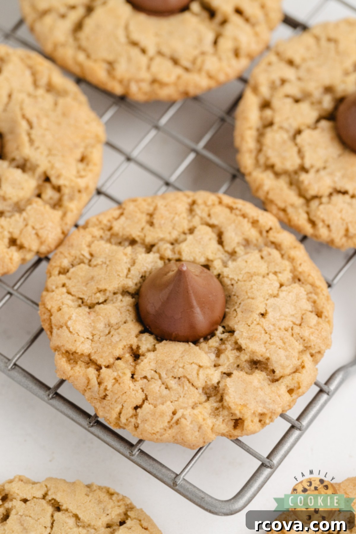 Chewy Oatmeal Kiss Cookies 3 Oatmeal cookies with a Hershey kiss in the center.
