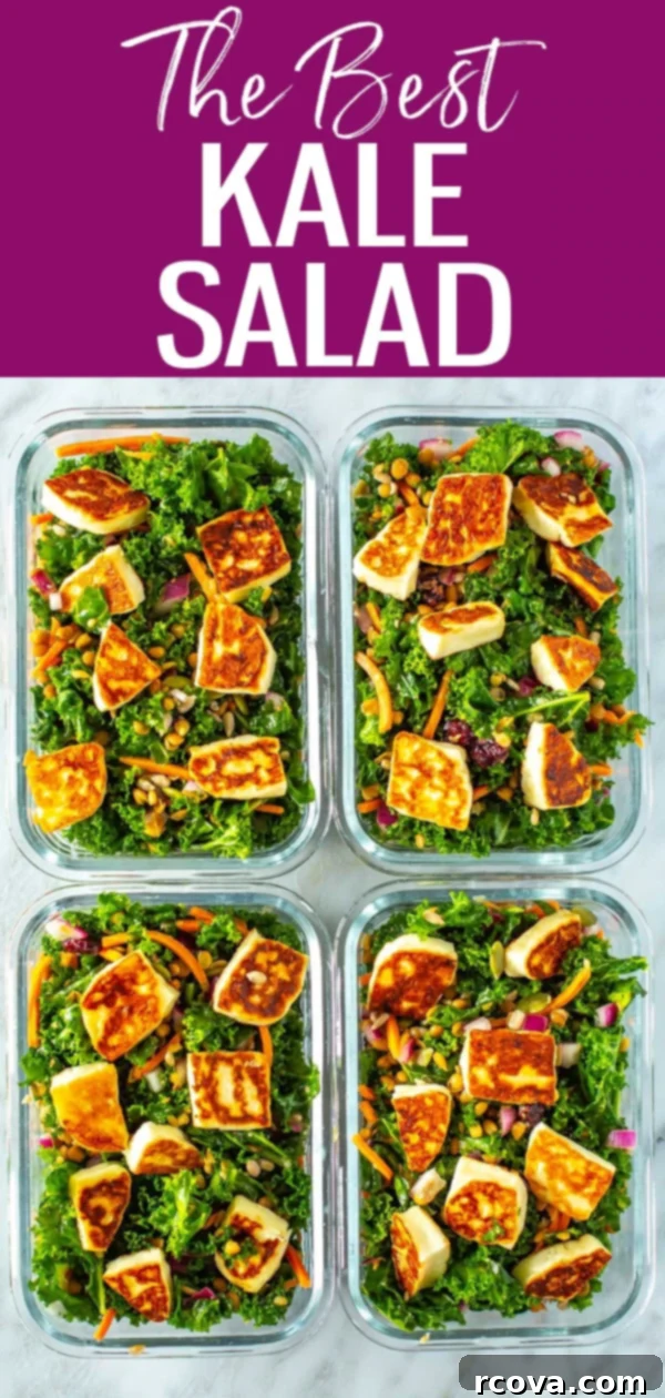 Viral Kale Salad Sensation 11 This Kale Salad is the best meal prep lunch! It's got protein with lentils and halloumi cheese, lots of veggies and a tasty dressing. #kalesalad #mealprep