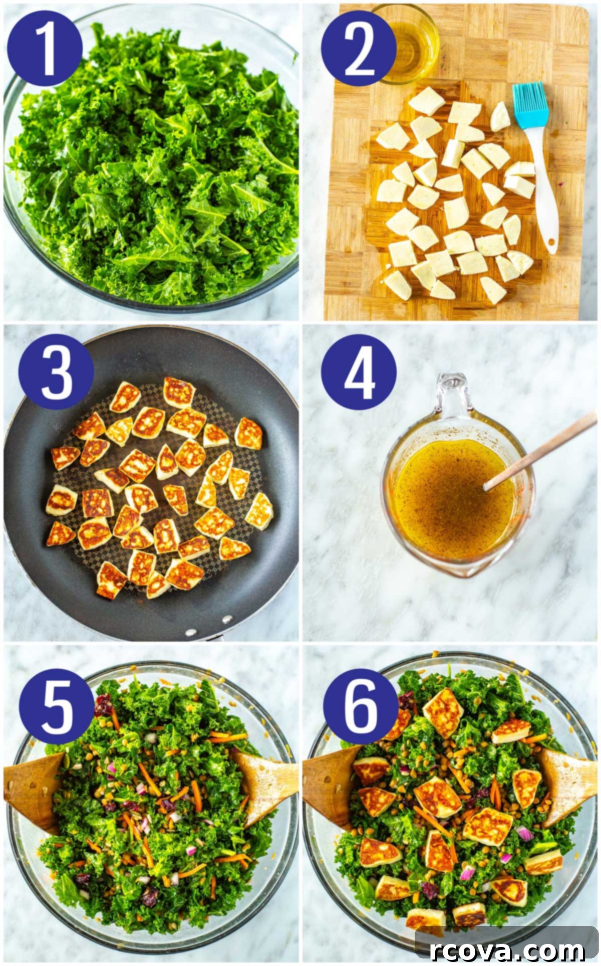 Viral Kale Salad Sensation 5 Step-by-step collage demonstrating how to make kale salad: from washing and massaging kale, brushing and cooking halloumi, preparing the dressing, mixing the salad, to topping with cooked halloumi.
