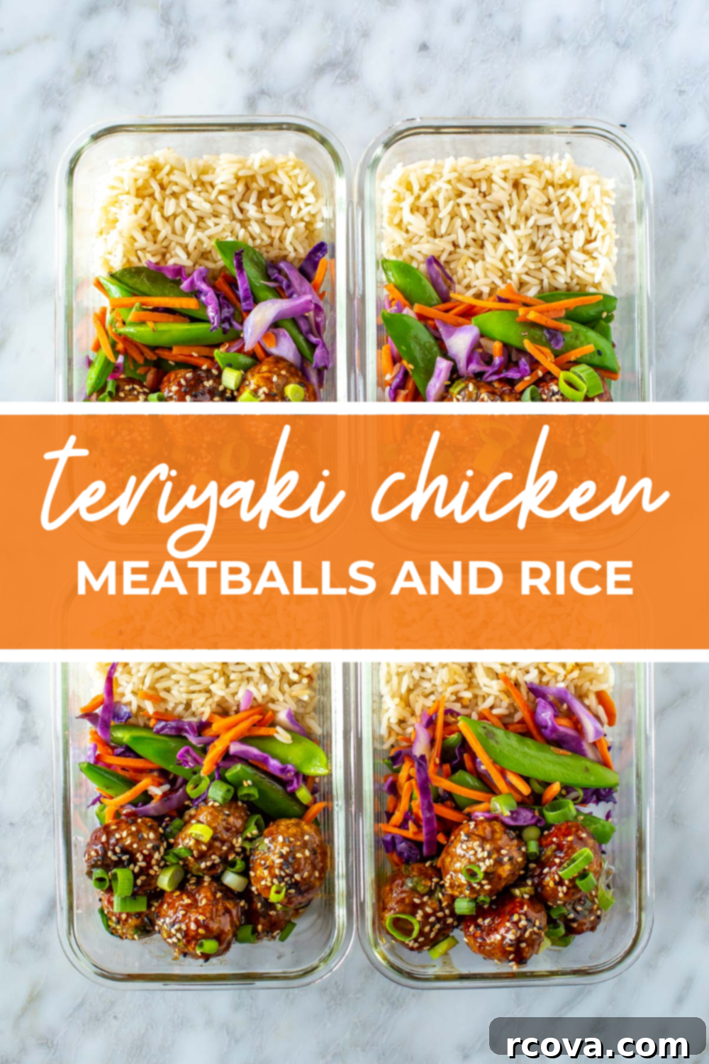 Sticky Teriyaki Chicken Bites 12 overhead shot of the dish with orange banner in the middle reading "teriyaki chicken meatballs and rice"