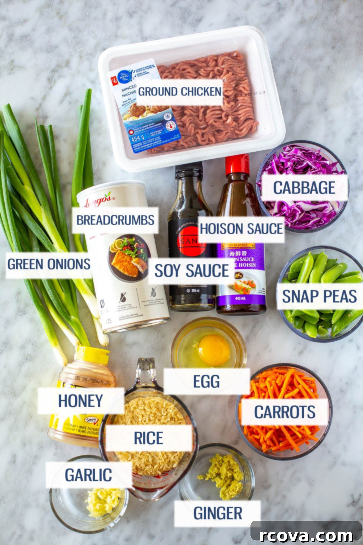 Sticky Teriyaki Chicken Bites 4 Ingredients for teriyaki chicken meatballs: ground chicken, green onions, breadcrumb, cabbage, snap peas, soy sauce, hoison sauce, garlic, rice, egg, carrots and minced ginger.