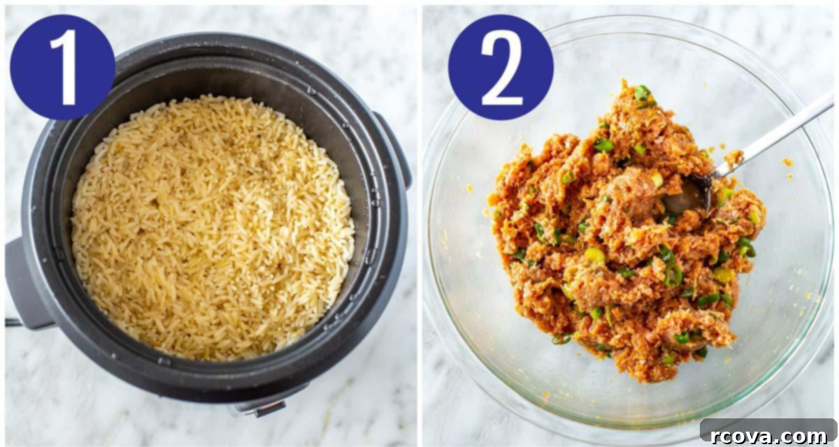 Sticky Teriyaki Chicken Bites 5 Steps 1 and 2 for making Teriyaki Chicken Meatballs and Rice