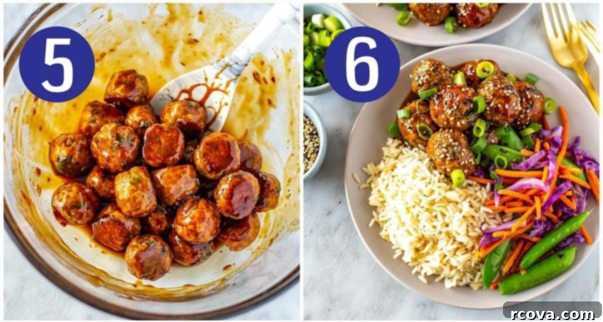 Sticky Teriyaki Chicken Bites 7 Steps 5 and 6 for making Teriyaki Chicken Meatballs and Rice