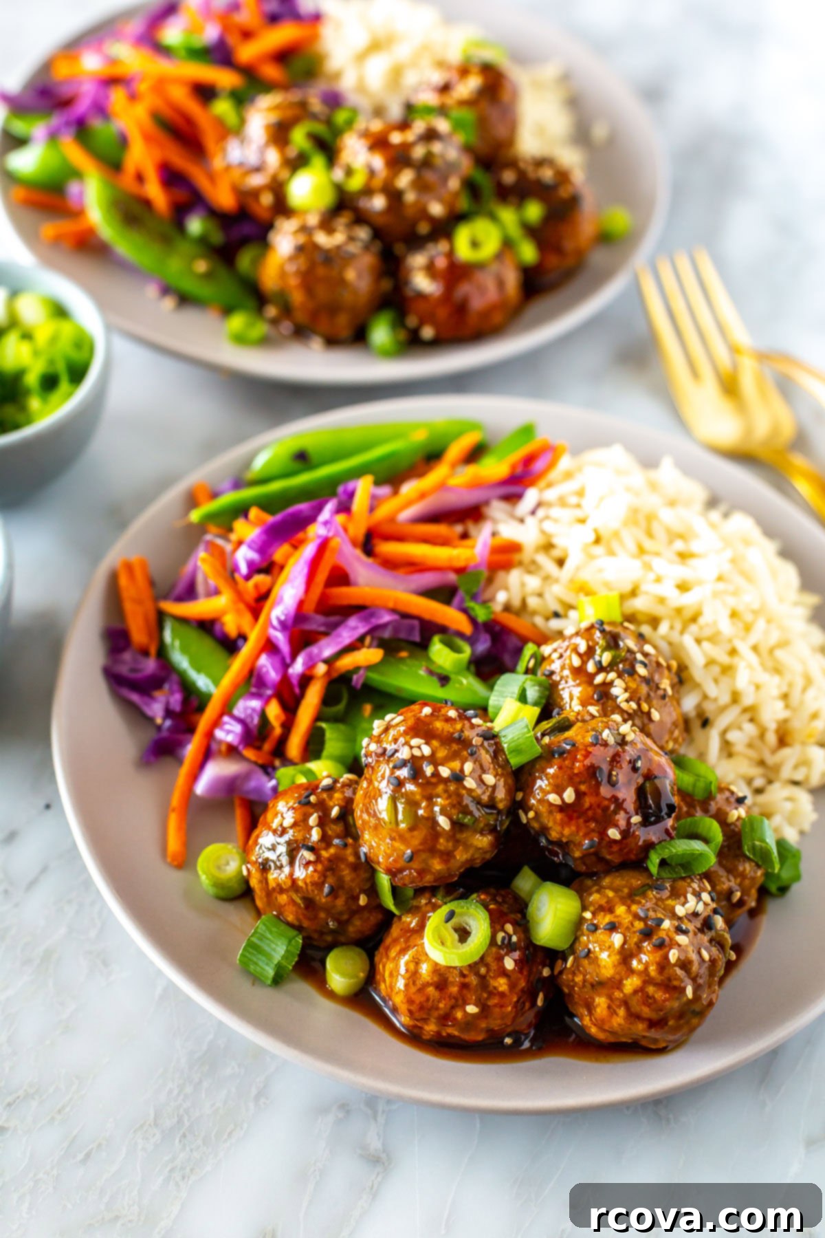 Sticky Teriyaki Chicken Bites 8 A close-up of a bowl with a bed of rice, side of stir fried veggies and sticky teriyaki chicken meatballs.