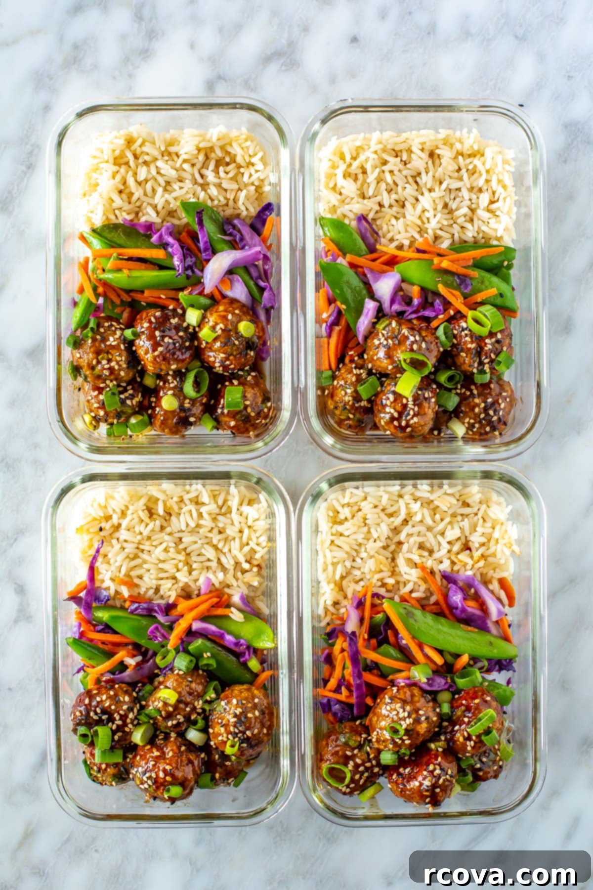 Sticky Teriyaki Chicken Bites 10 Four meal prep containers, each filled with rice, stir fried veggies and sticky teriyaki chicken meatballs.