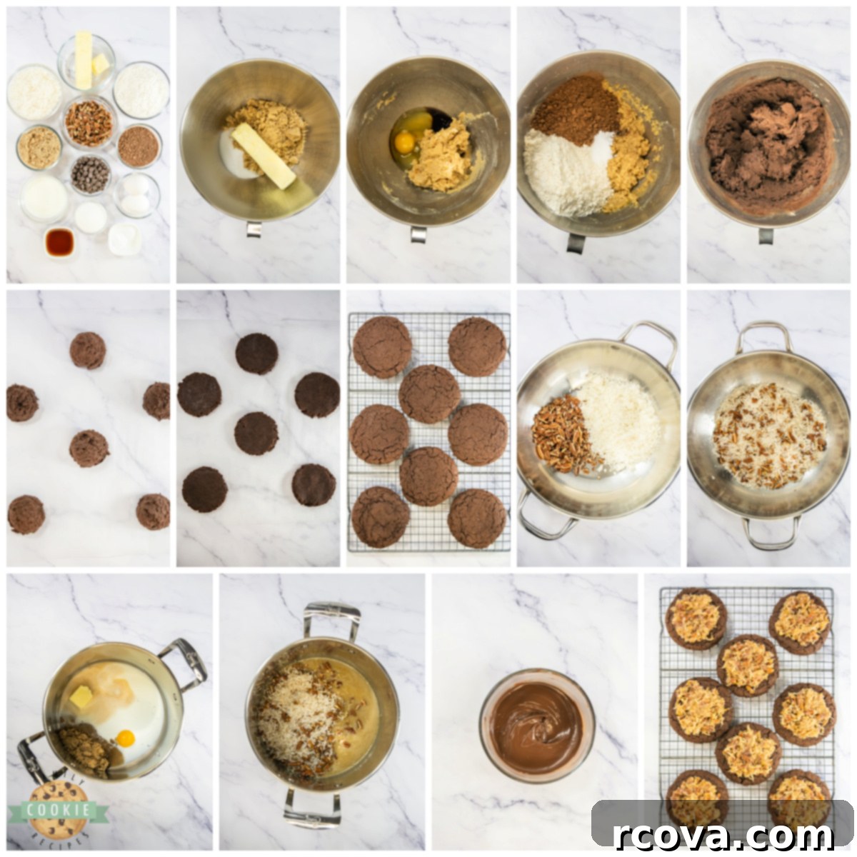 Decadent German Chocolate Cake Cookies Crumbl Style 4 A step-by-step visual guide showing the process of making Copycat Crumbl German Chocolate Cake Cookies, from mixing dough to final drizzle.