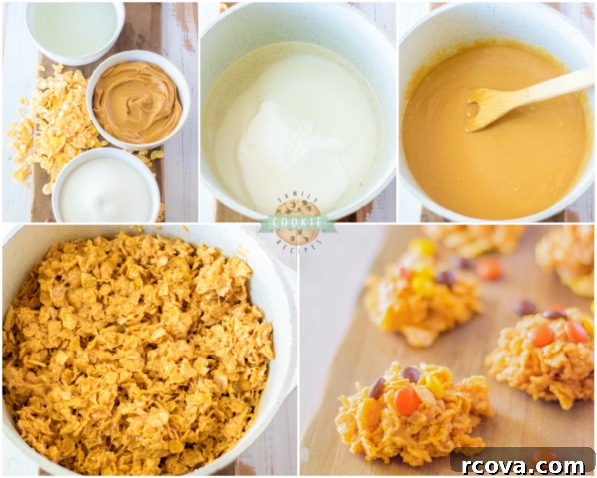 Reeses Cornflake Peanut Butter Crunch Cookies 5 Step-by-step image showing how to make cornflake cookies, including combining ingredients in a pot and mixing with cornflakes