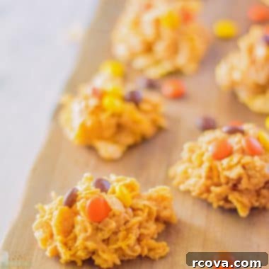 Reeses Cornflake Peanut Butter Crunch Cookies 6 Delicious no-bake peanut butter cornflake cookies with Reese's Pieces candy on top, ready to serve