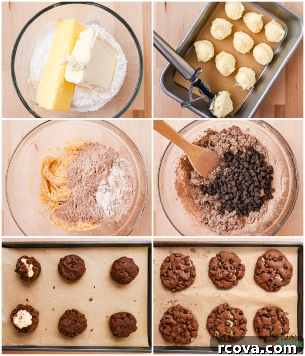 Lush Chocolate Cream Cheese Cookies 3 Step-by-step process of making cream cheese and chocolate cookies, showing dough and filling assembly