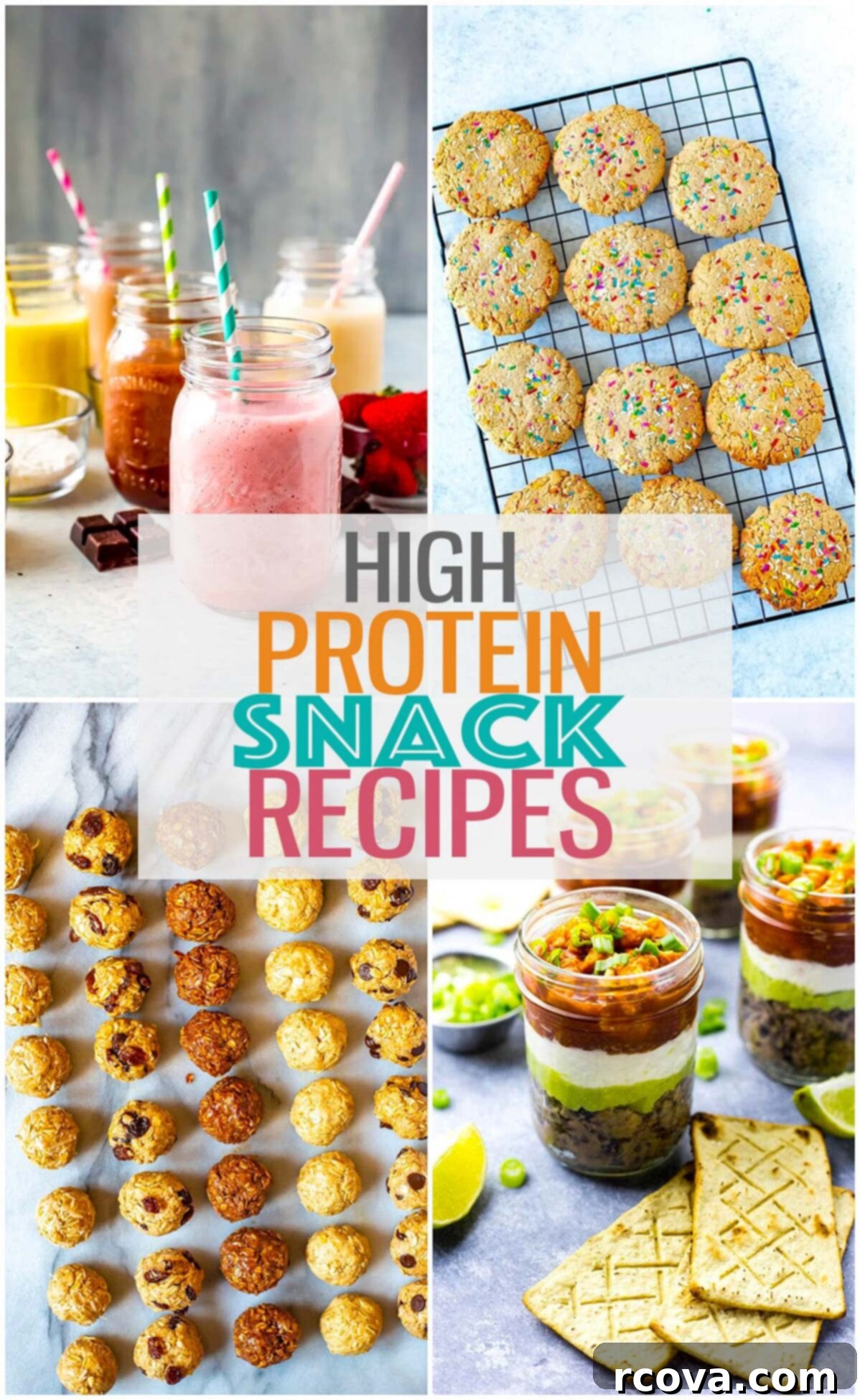 15 Power-Packed Protein Snacks 2 A vibrant collage showcasing four distinct high-protein snacks, with the overlay text "High Protein Snack Recipes" highlighting the theme.