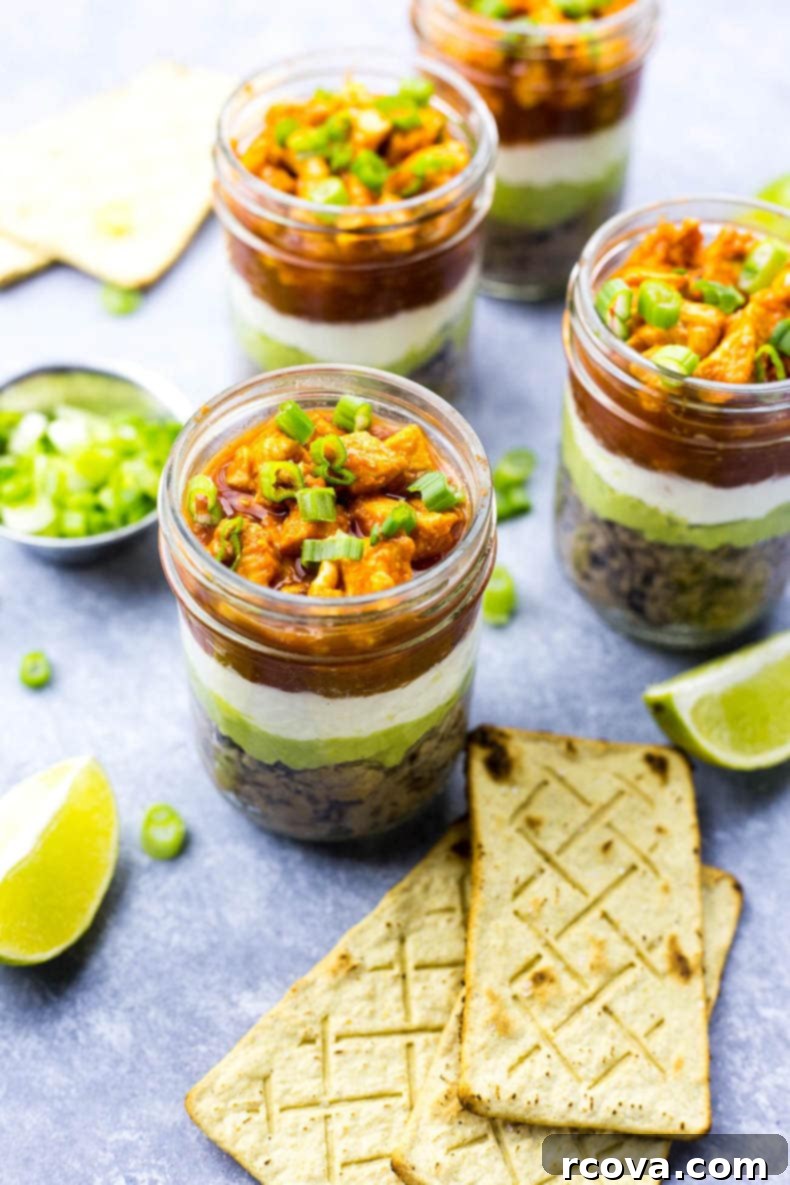 15 Power-Packed Protein Snacks 16 Individual mini buffalo chicken salsa dip jars, perfect for a party appetizer or portable snack.