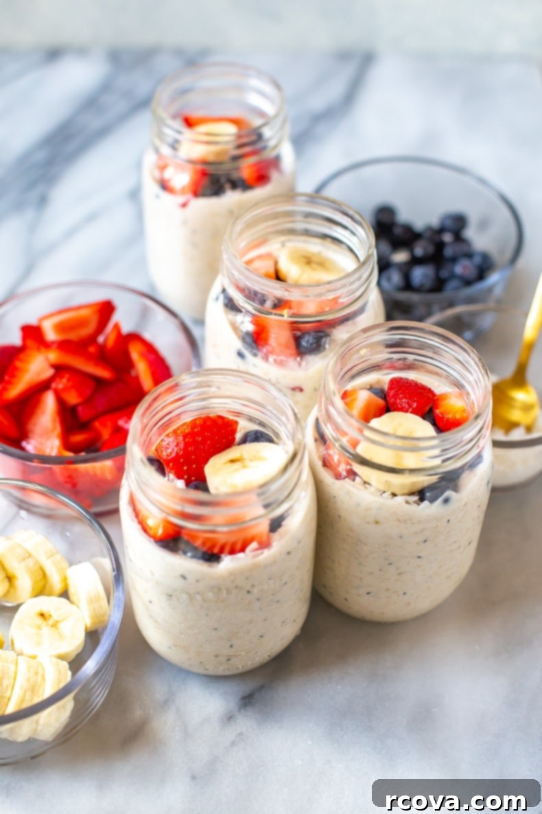 15 Power-Packed Protein Snacks 6 Jars of overnight steel cut oats with fruit layers, ideal for quick, high-protein breakfasts.