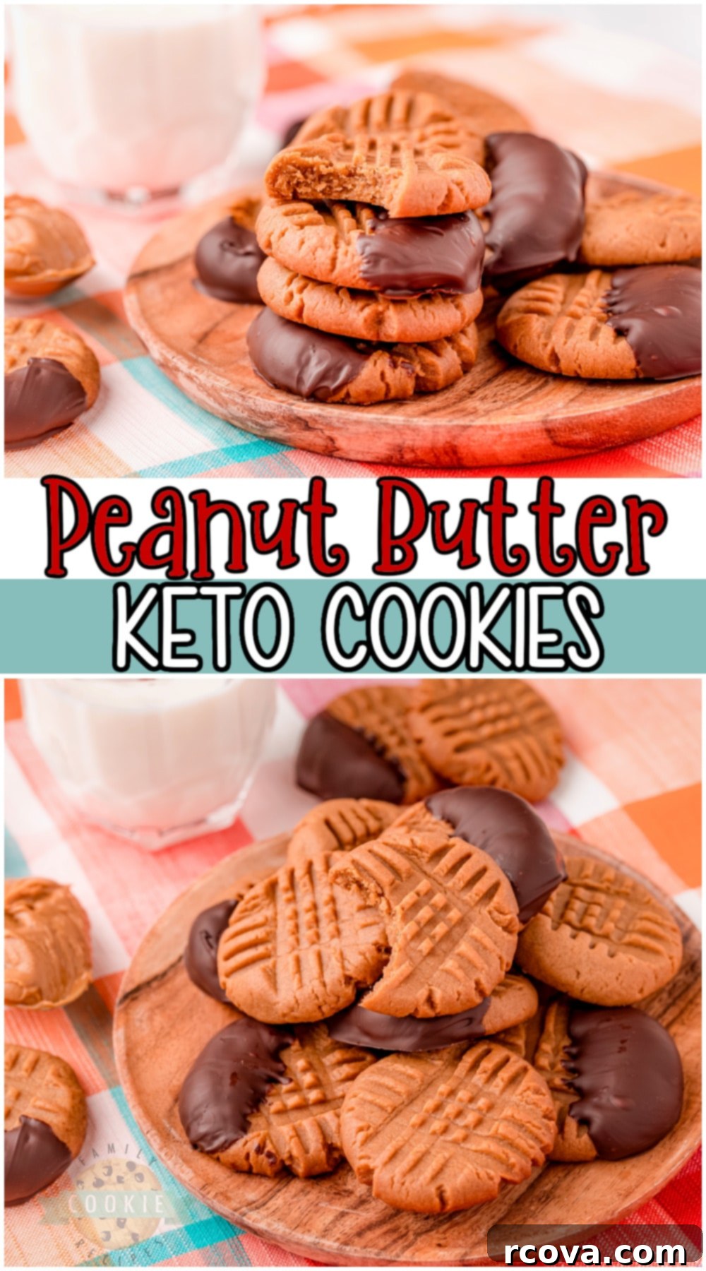 Low Carb Peanut Butter Cookies 8 A plate of freshly baked keto peanut butter cookies with dark chocolate dip
