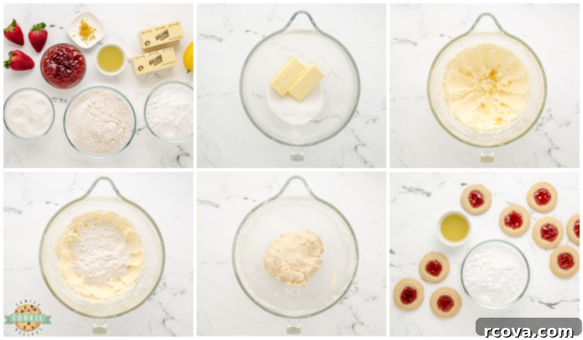 Strawberry Lemon Drop Cookies 4 Step by step visual guide on how to make Strawberry Lemon Thumbprint Cookies, showing dough balls, indentations, and jam filling.