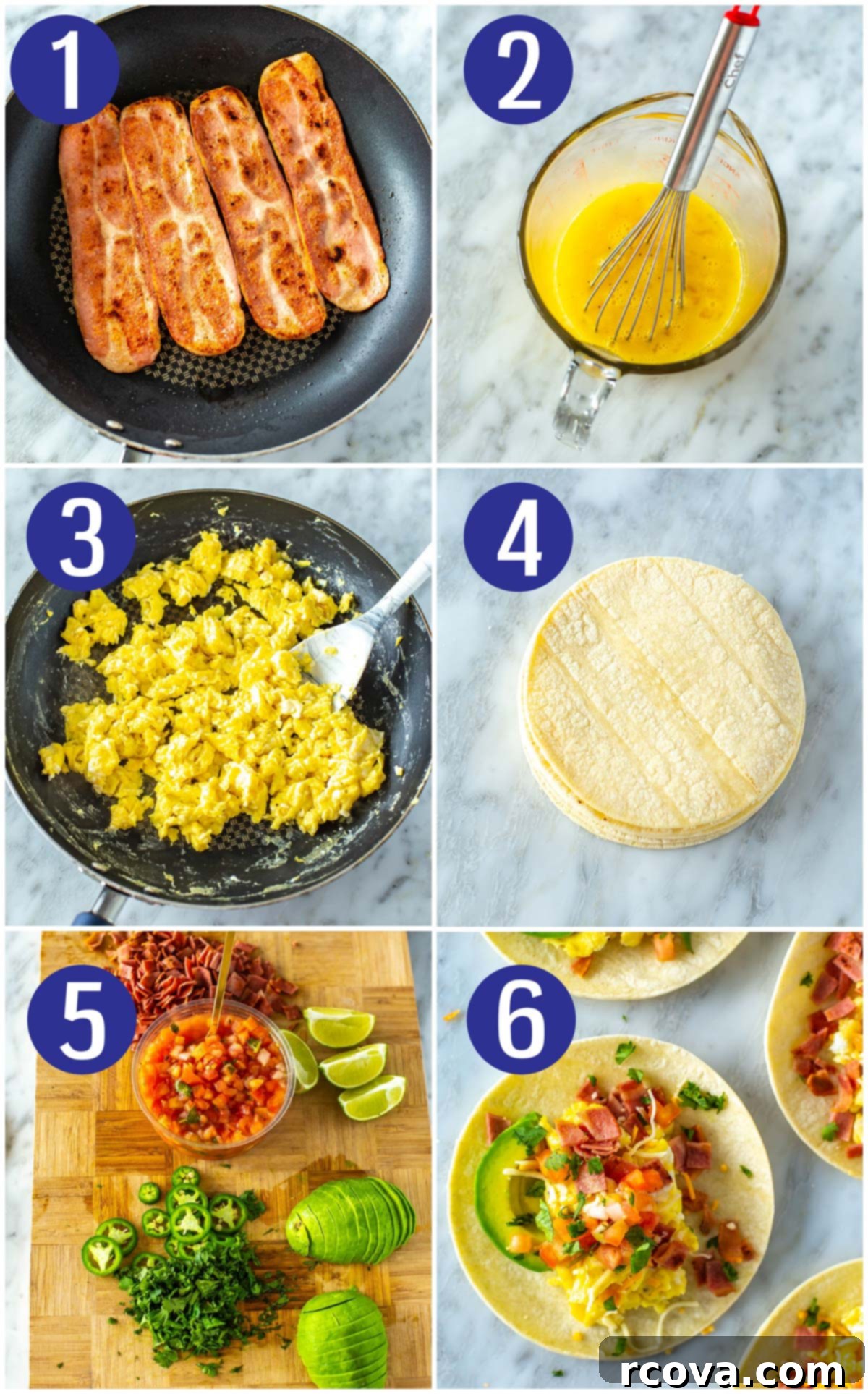 The Ultimate 30-Minute Breakfast Tacos 5 A visual step-by-step guide for making breakfast tacos, featuring images of cooking bacon, whisking and scrambling eggs, warming tortillas, arranging fresh toppings, and finally, assembling the delicious tacos.
