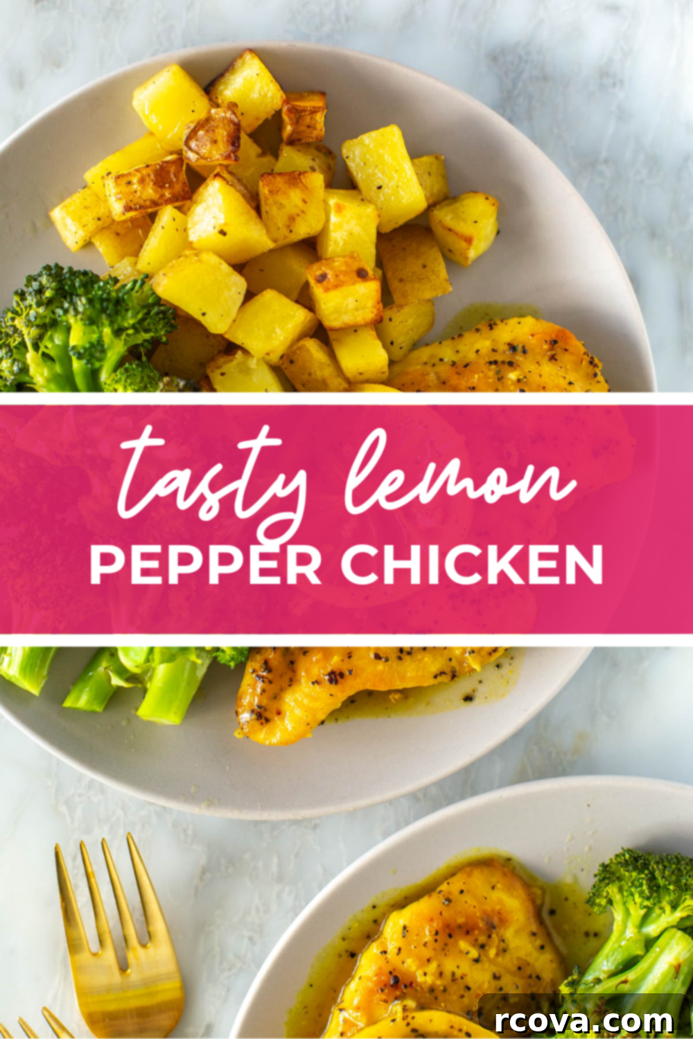 Tangy & Tender Lemon Pepper Chicken 14 Plated dish of lemmon pepper chicken with brocolli and roasted potatoes