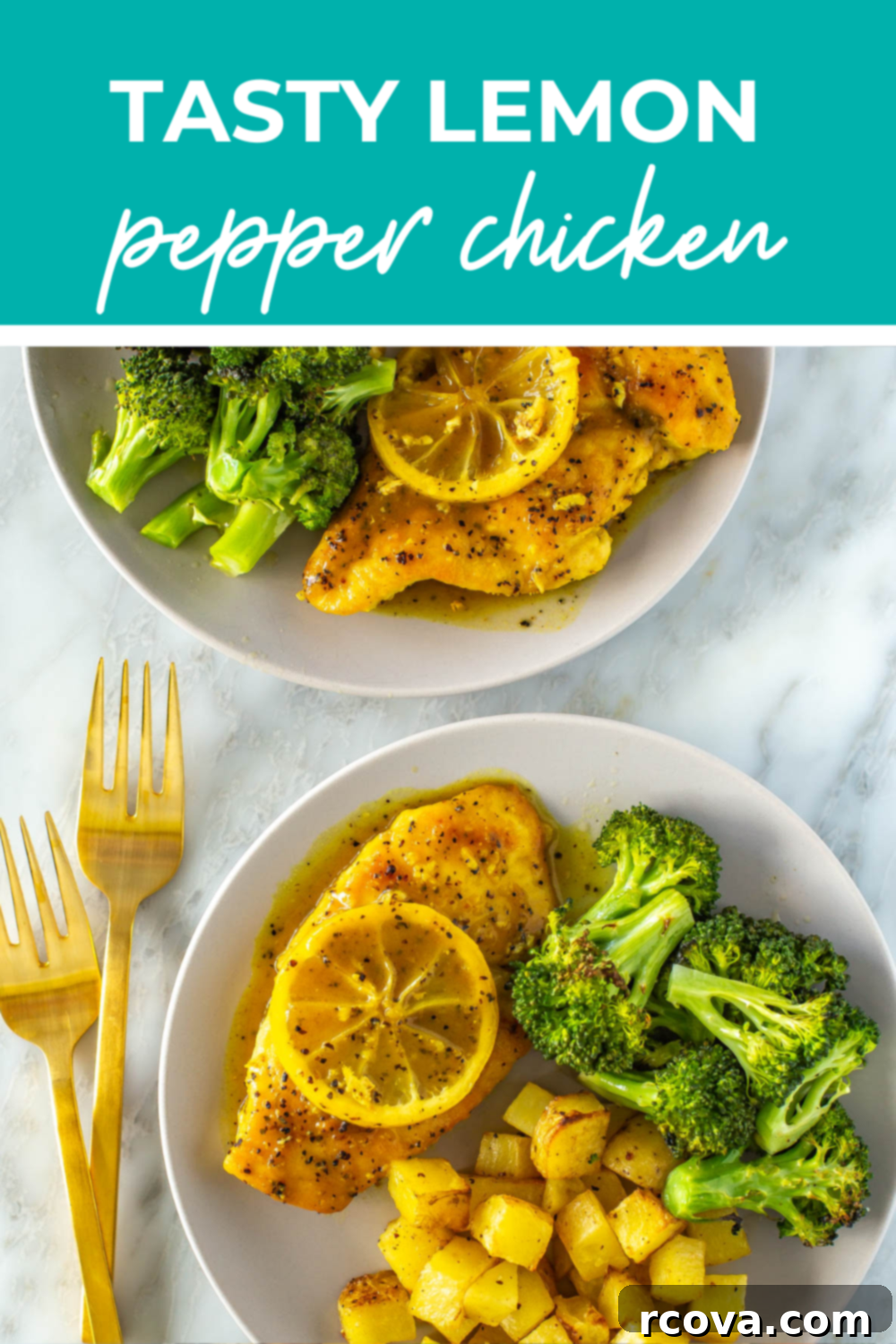 Tangy & Tender Lemon Pepper Chicken 15 Two plated dishes of lemmon pepper chicken with brocolli and roasted potatoes