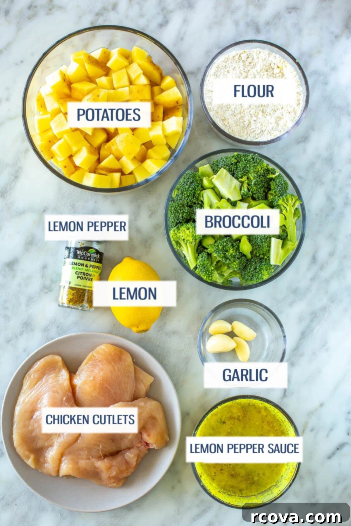 Tangy & Tender Lemon Pepper Chicken 4 Ingredients for lemon pepper chicken: potatoes, flour, lemon pepper seasoning, lemon, broccoli, chicken cutlets, garlic, and lemon pepper sauce.