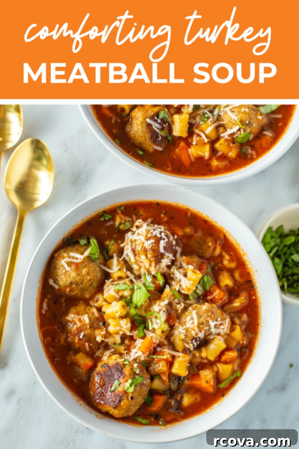 Your New Favorite Turkey Meatball Soup 12 A bowl of turkey meatball soup with the text "Comforting Turkey Meatball Soup" overtop.