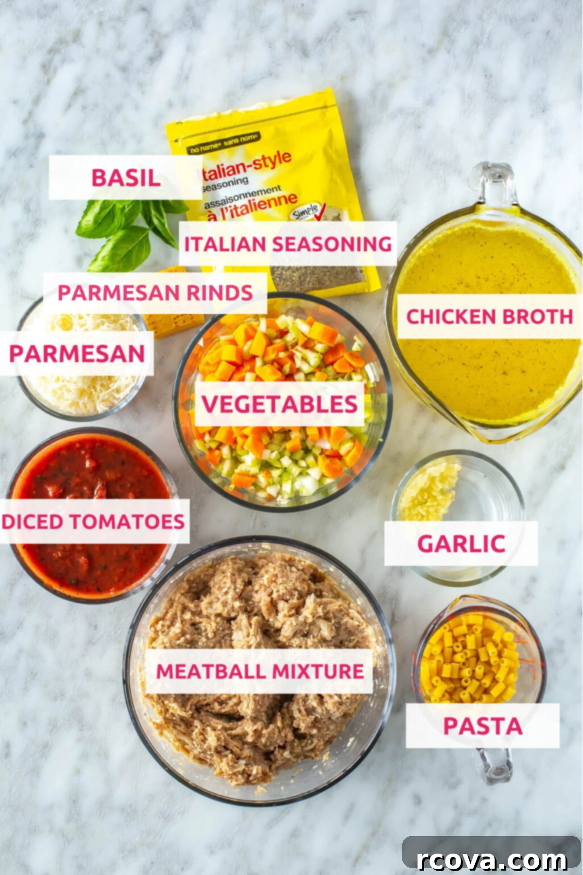 Your New Favorite Turkey Meatball Soup 4 All ingredients laid out for making Italian Turkey Meatball Soup, including fresh basil, Italian seasoning, chicken broth, parmesan cheese, diced vegetables, canned diced tomatoes, garlic, raw meatball mixture, and ditalini pasta.