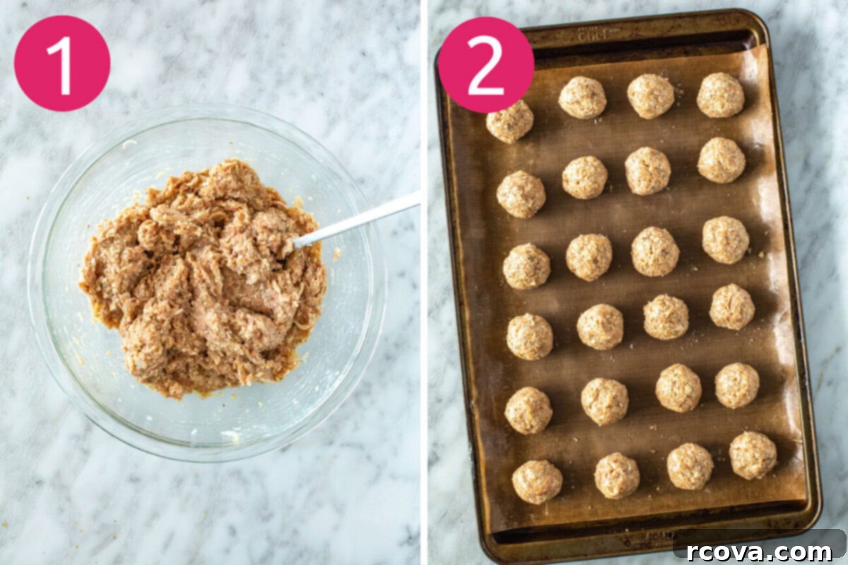 Your New Favorite Turkey Meatball Soup 5 Visual guide for Step 1 and 2 of Italian Turkey Meatball Soup: mixing ground turkey with spices and forming into even meatballs, ready for baking.