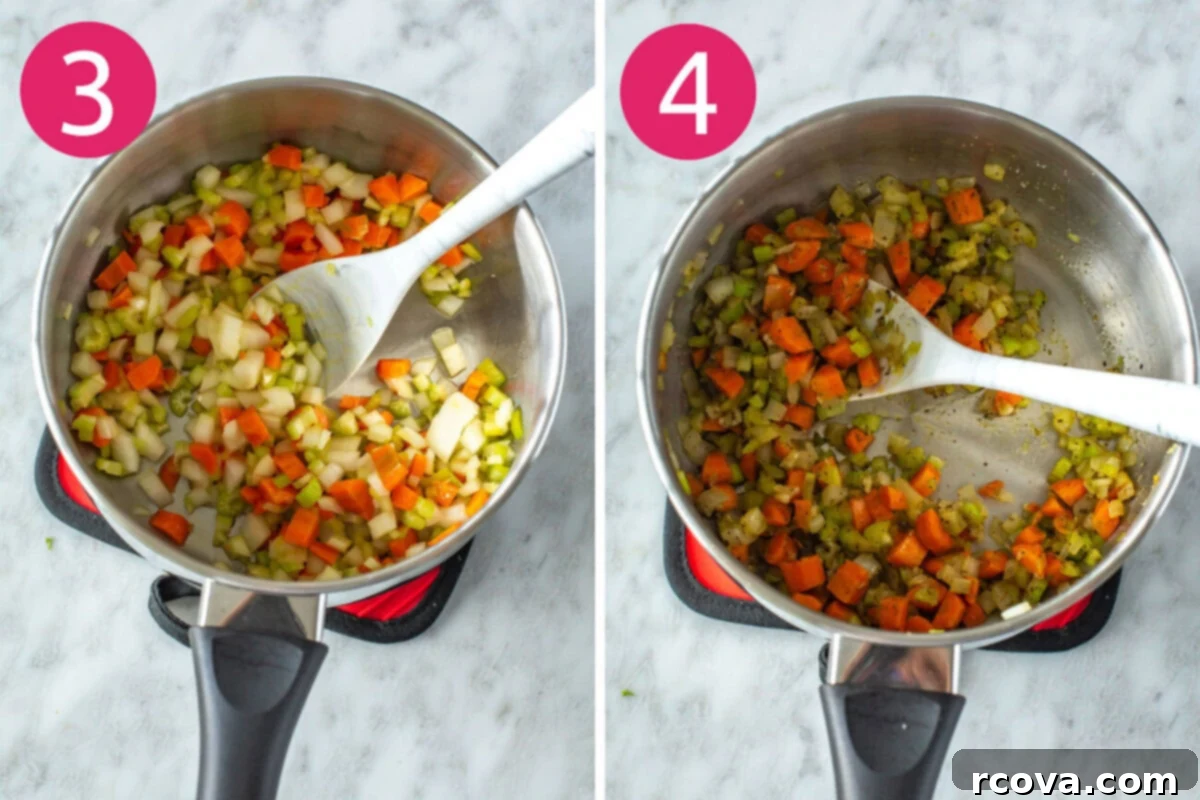 Your New Favorite Turkey Meatball Soup 6 Visual guide for Step 3 and 4 of Italian Turkey Meatball Soup: sautéing diced onions, celery, and carrots in a pot, then adding minced garlic and Italian seasonings.