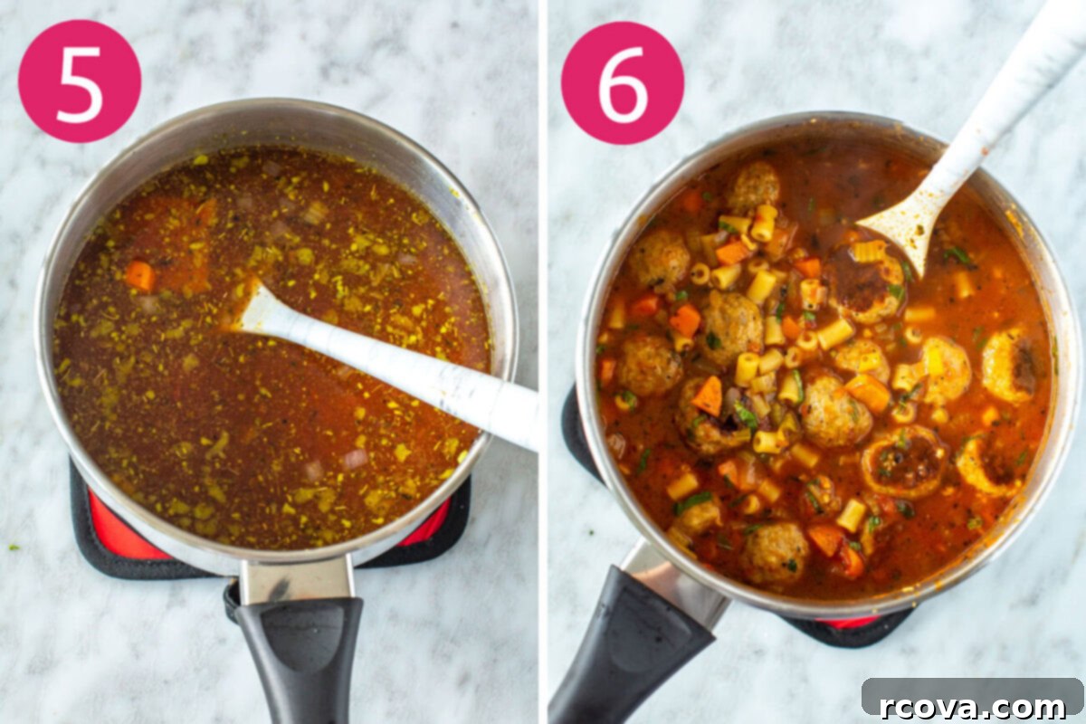 Your New Favorite Turkey Meatball Soup 7 Visual guide for Step 5 and 6 of Italian Turkey Meatball Soup: adding chicken broth, diced tomatoes, and pasta to the pot, simmering until cooked, and then stirring in the baked turkey meatballs.