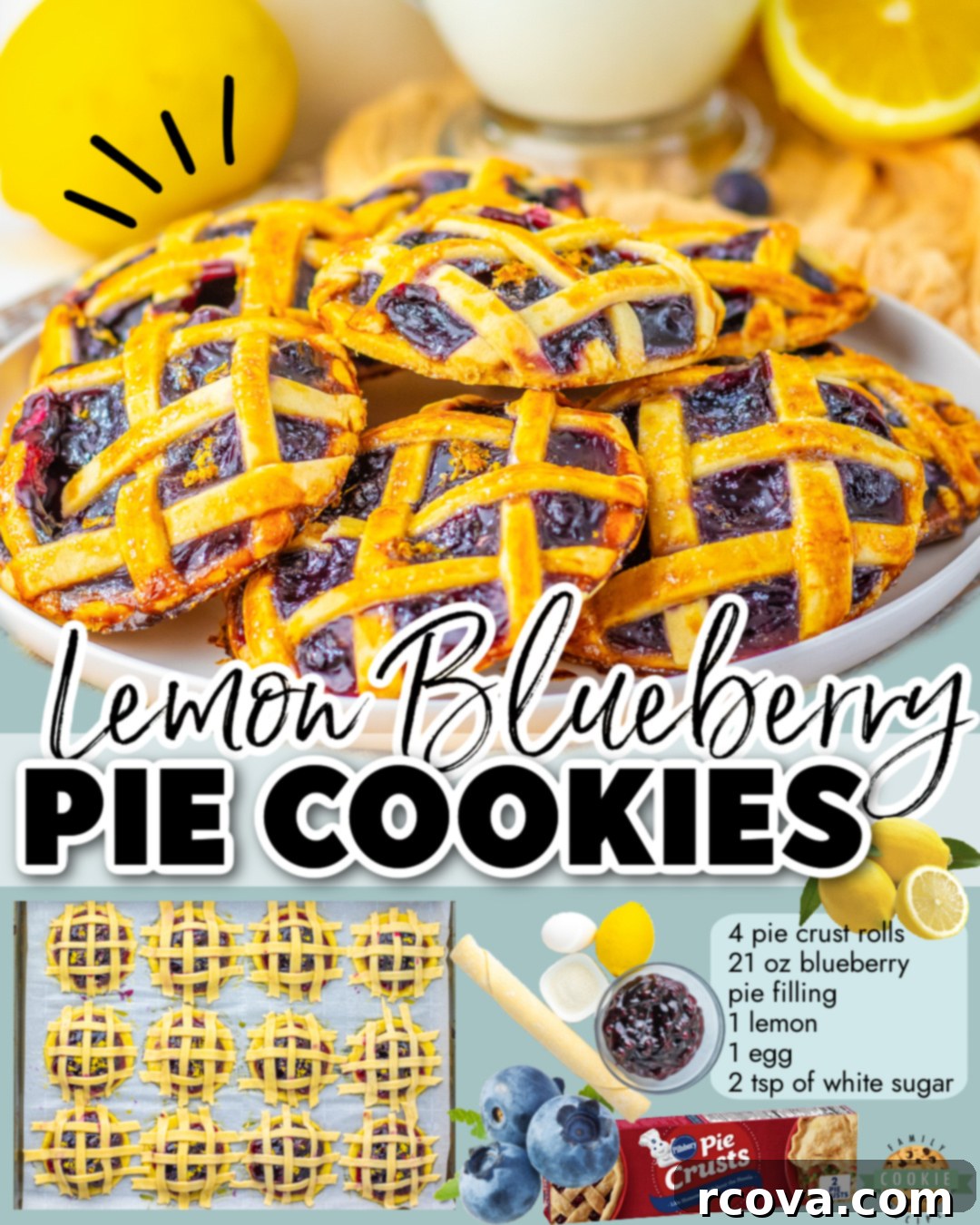 Sunshine Berry Cookie Pies 6 Lemon Blueberry Pie Cookies made with pie crust, blueberry filling & lemon zest for a tasty & super cute lattice topped mini pie, in cookie form!
