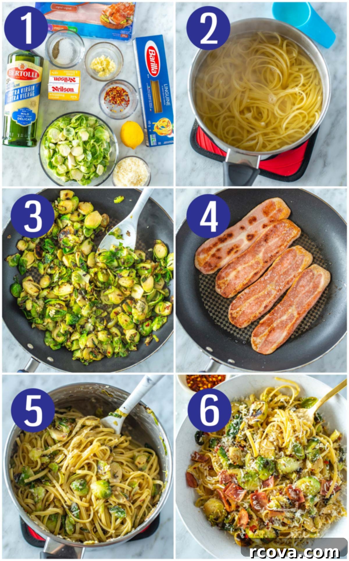 Bacon Brussels Sprouts Creamy Pasta 5 A step-by-step visual guide to preparing creamy brussels sprouts pasta, showing ingredients assembly, cooking pasta, sautéing brussels sprouts with lemon and garlic, frying bacon, and finally, tossing all components together to create the finished dish, garnished with cheese and chili flakes.