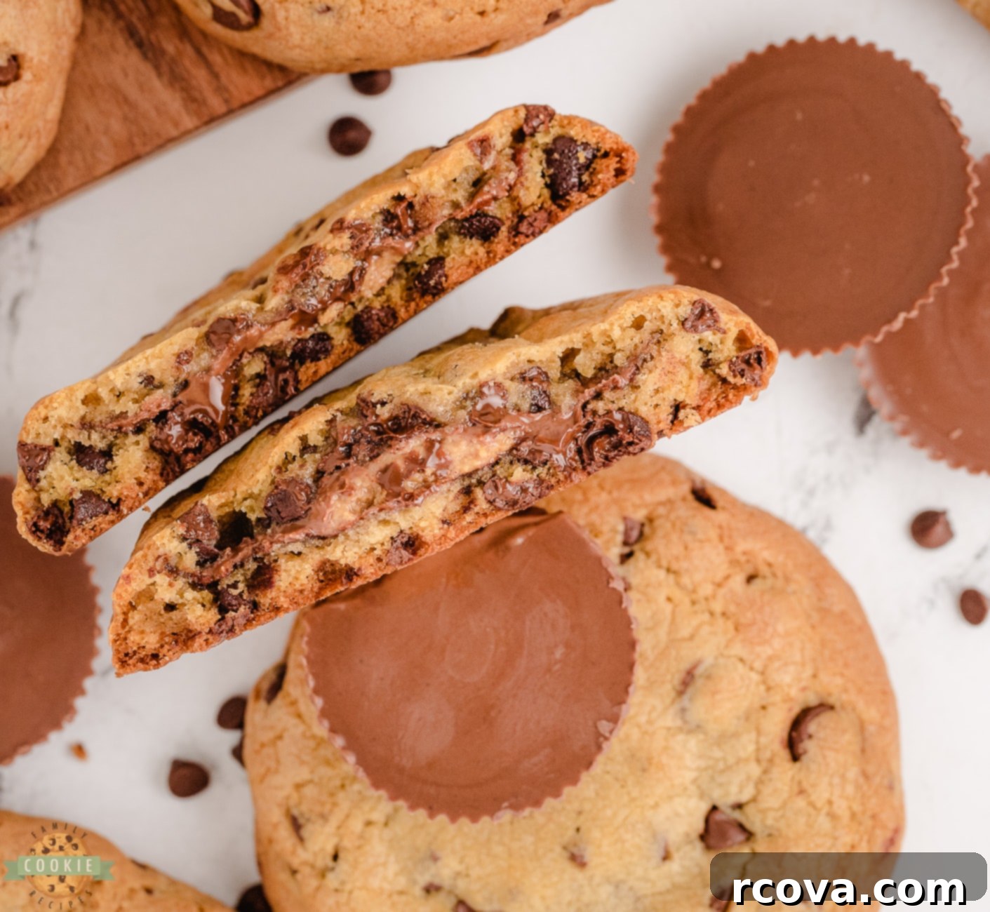 Reese's Peanut Butter Chocolate Chip Cookies 2 Gooey chocolate chip cookies stuffed with a Reese's Peanut Butter Cup, fresh out of the oven