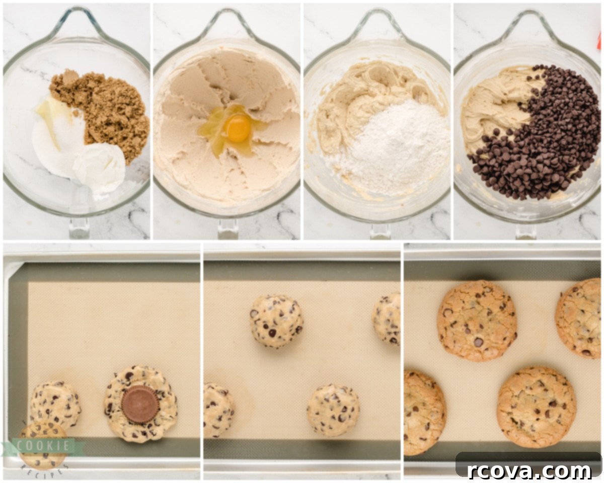 Reese's Peanut Butter Chocolate Chip Cookies 4 Step-by-step image showing how to stuff chocolate chip cookie dough with a Reese's cup