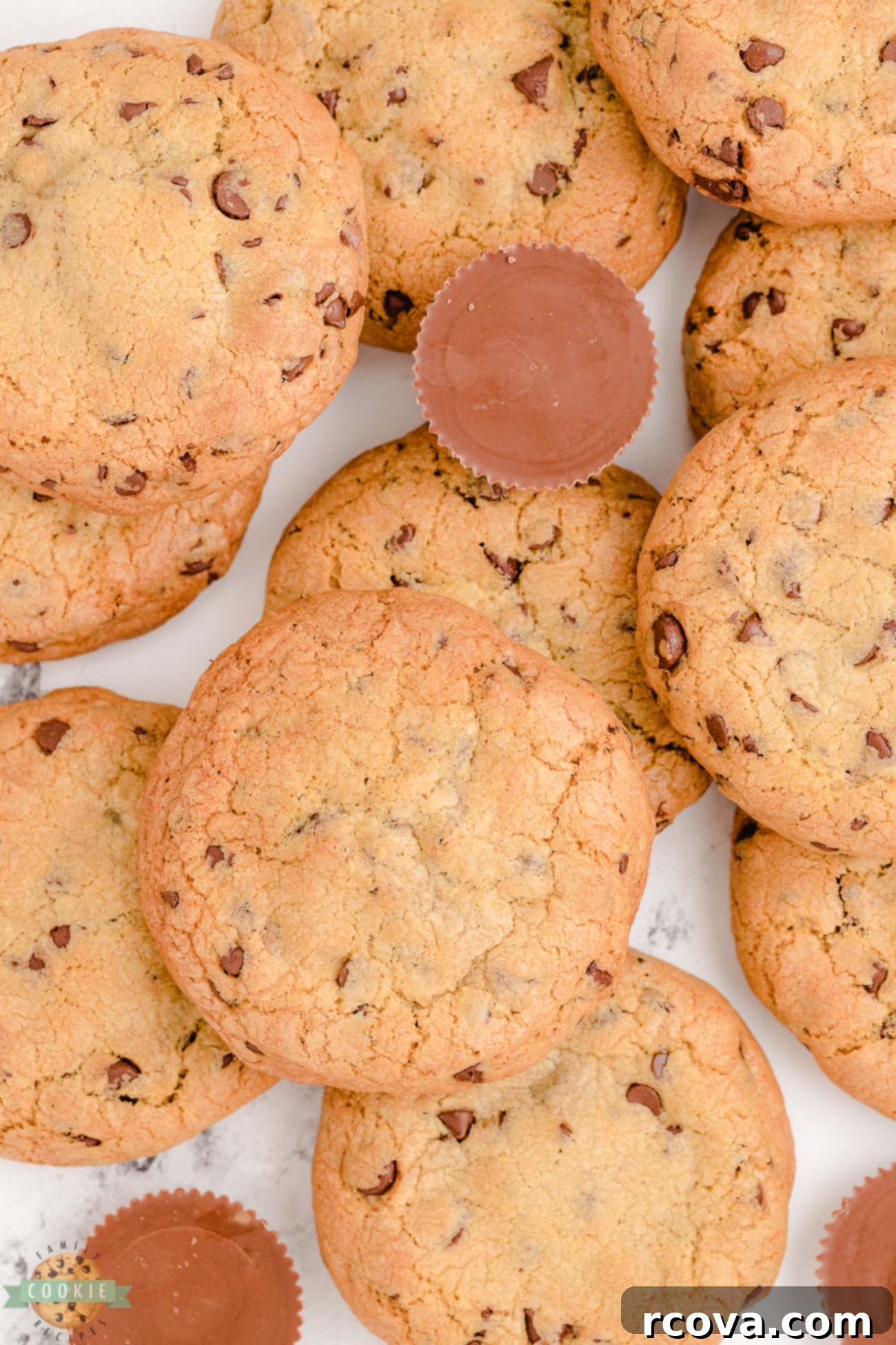 Reese's Peanut Butter Chocolate Chip Cookies 7 Freshly baked chocolate chip cookies with a visible Reese's Peanut Butter Cup center