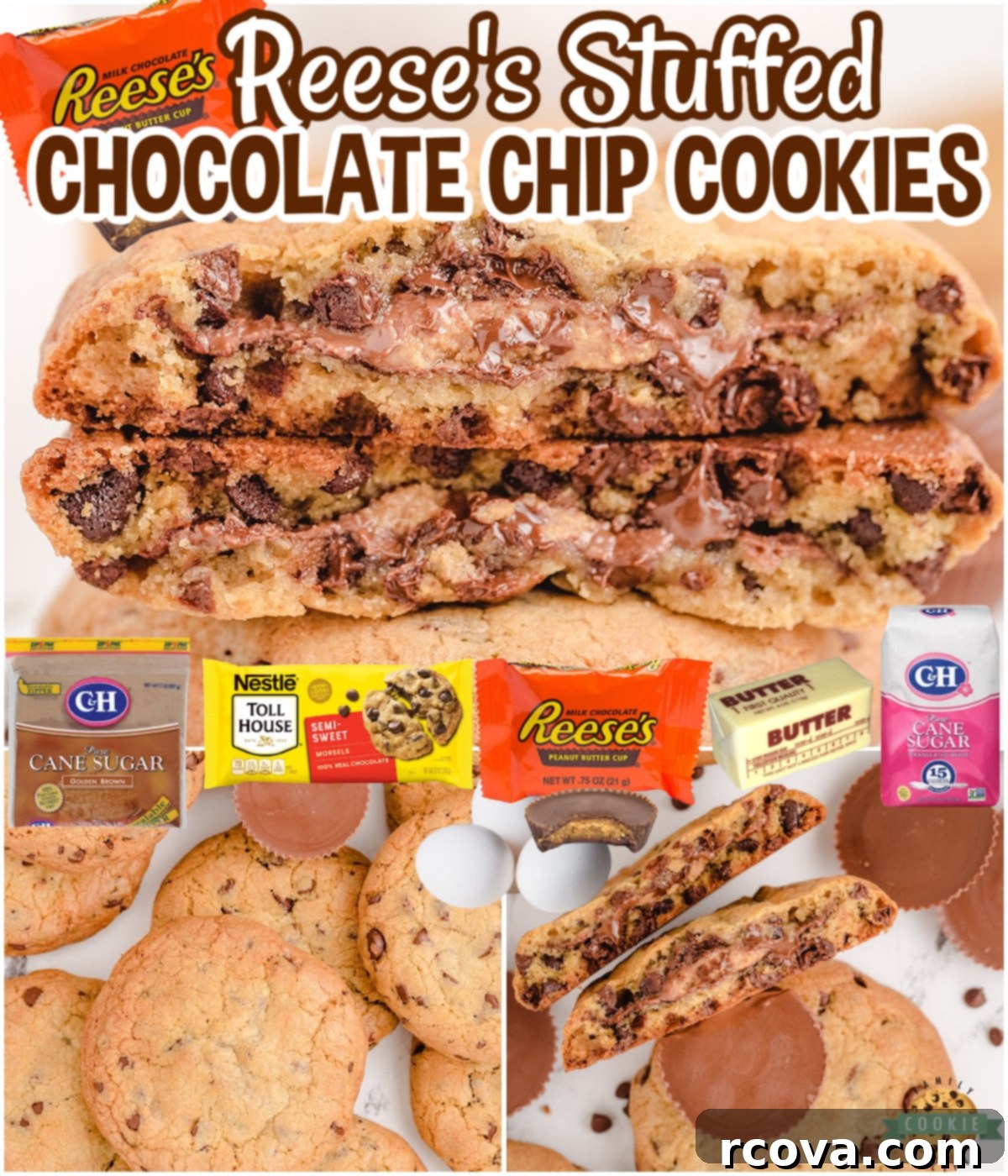 Reese's Peanut Butter Chocolate Chip Cookies 8 Close-up of a platter of Reese's Stuffed Chocolate Chip Cookies, highlighting the texture and peanut butter filling