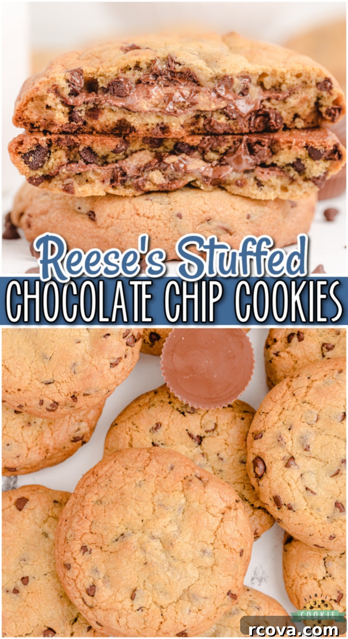 Reese's Peanut Butter Chocolate Chip Cookies 9 A stack of golden brown chocolate chip cookies, each revealing a creamy Reese's Peanut Butter Cup center