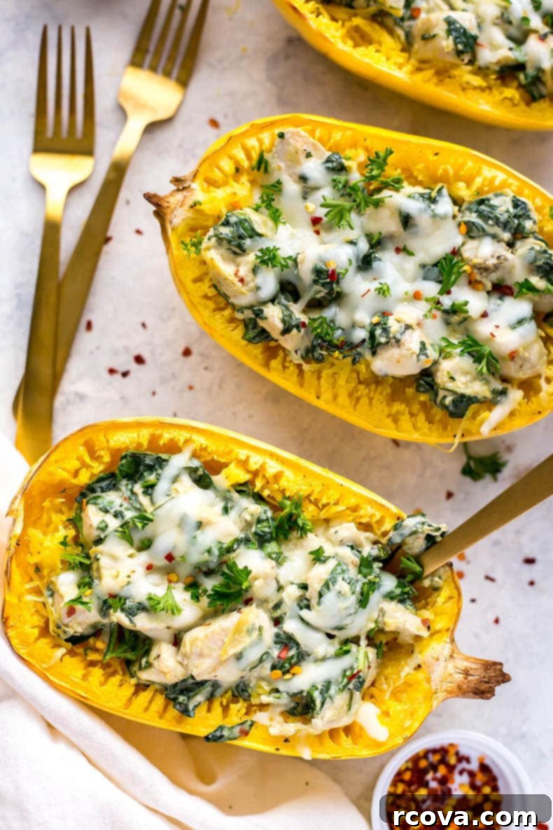 Top 10 Spaghetti Squash Recipes 5 Chicken, Spinach & Artichoke Spaghetti Squash