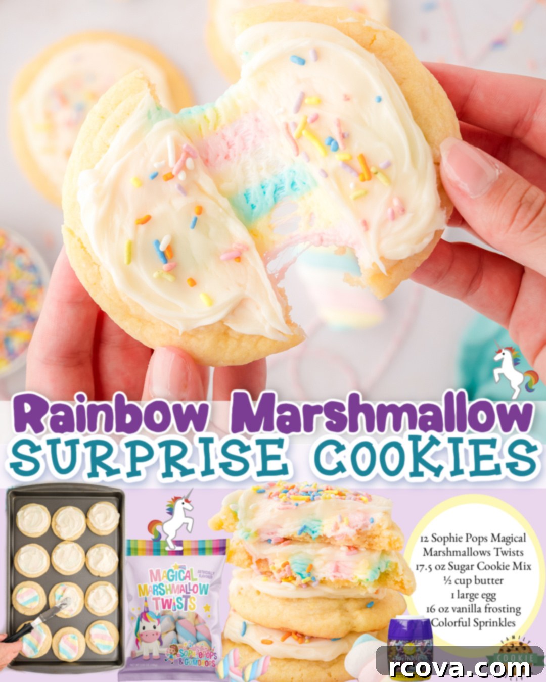 Gooey Marshmallow-Stuffed Cookies 7 Magical Marshmallow Surprise Cookies ready for serving, showcasing their rainbow marshmallows, frosting, and festive sprinkles.