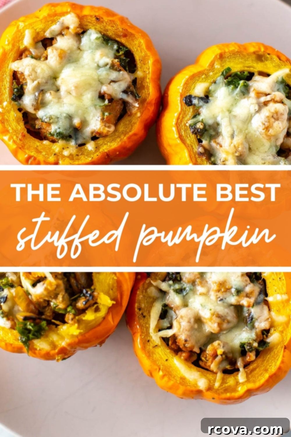 Unutulmaz Balkabağı Dolması Tarifi 13 Overhead shot of stuffed pumpkins, with text that says 'The Absolute Best Stuffed Pumpkin'